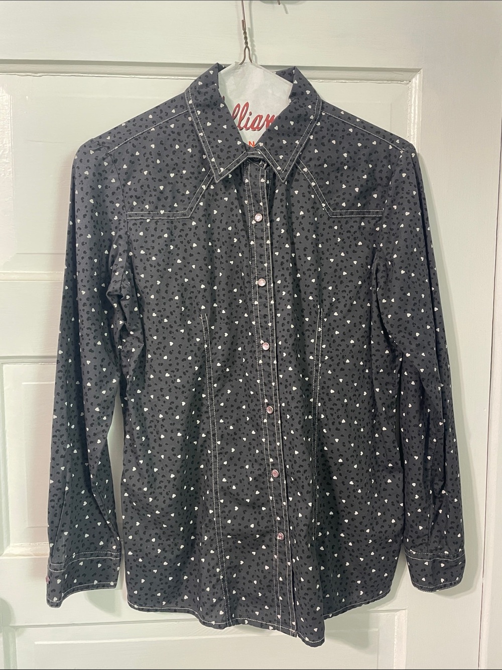 Cruel Girl Black Button-Down Shirt with White Heart Dots